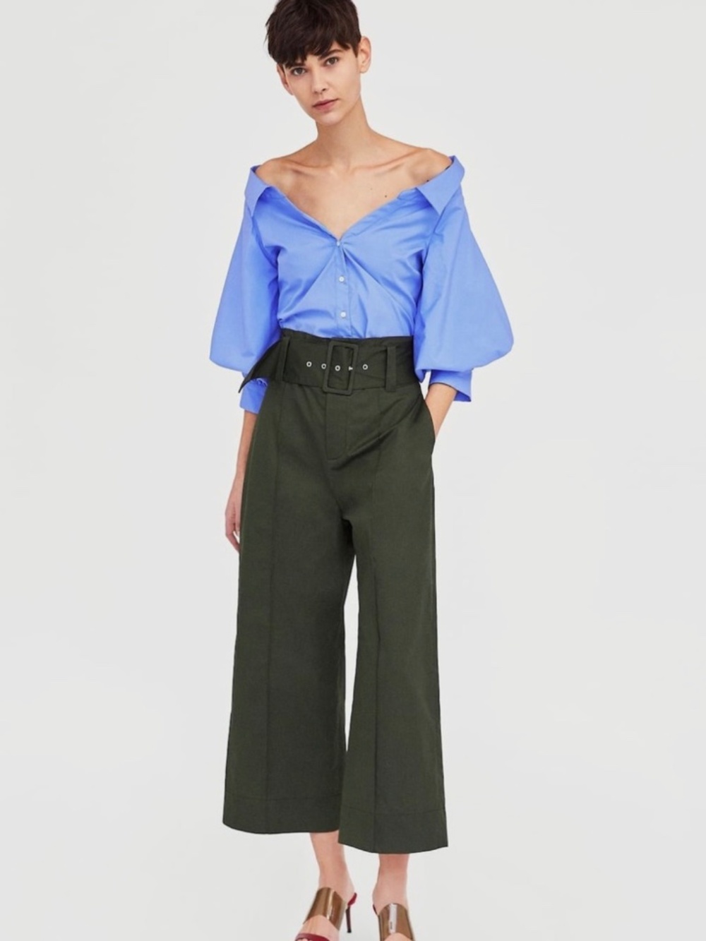 Zara High-Waisted Belted Wide-Leg Culotte Pants in Dark Olive: Size L